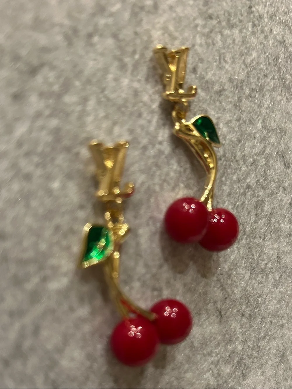 MUST HAVE…Gold-Tone Lettered Cherry Drop Earrings with Red Beads and Green Leaf - Picture 8 of 9